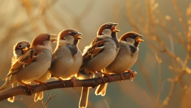 Sparrows perched on branch, singing joyfully in warm morning light. Soft background creates peaceful, uplifting scene showcasing beauty of nature and birdsong.
