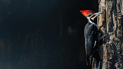Pileated woodpecker on tree trunk with dark background