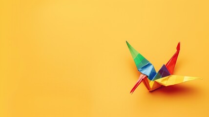 Colorful paper crane on bright yellow background