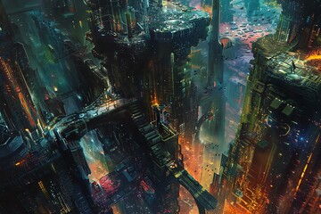 Craft a mesmerizing image showcasing a birds-eye view of a futuristic metropolis teeming with robotic creatures amidst a surrealistic landscape