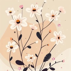 A minimal drawing of white and pink flowers with black stems and leaves on a beige background.