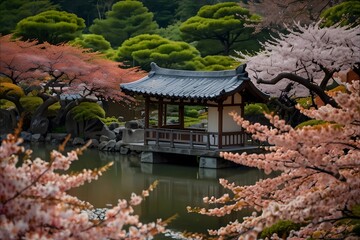 A beautiful pagoda in Kyoto, Japan, surrounded by beautiful pink cherry blossoms during springtime....