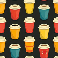 A seamless pattern of cartoon coffee cups with lids in various colors against a dark background.