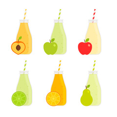 Set of peach, apple, lime, lemon and pear smoothies in bottles. Flat icon set isolated on white background. Healthy diet and vegan concept for menu, poster, banner design