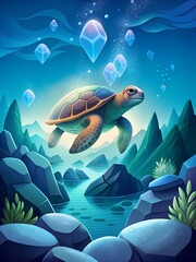 a turtle is on a rock and is swimming near a turtle.
