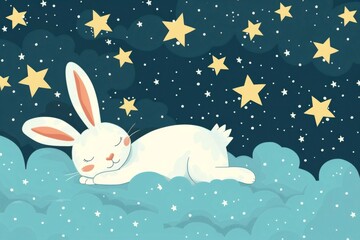Adorable Rabbit Cartoon Asleep on Clouds, Starry Night Background - Nursery Art, Gentle Imagery, Storybook Themes