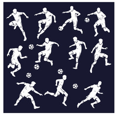 silhouettes of soccer players against a dark background capture various stages of movement showcasing the agility and skill involved in the sport