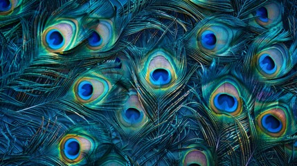 A close up of a peacock's feathers with a blue background