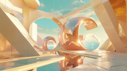 Craft a visually arresting blend of abstract forms and futuristic aesthetics using unique camera angles at eye level