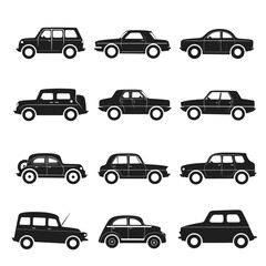 Simple line drawings of various automobiles in black