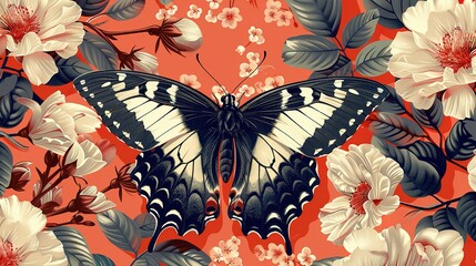 Enchanting Elegance: Hand-Drawn Indian Butterflies & Flowers on Coral