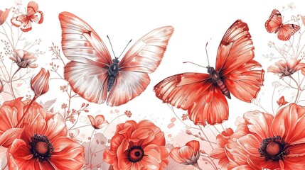 Obraz premium Enchanting Elegance: Hand-Drawn Indian Butterflies & Flowers on Coral
