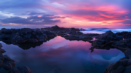 A beautiful sunset over the ocean with a rocky shoreline. The sky is filled with clouds and the water is calm