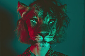 Portrait of a woman wearing a leopard print shirt with a lion's head graphic covering her face