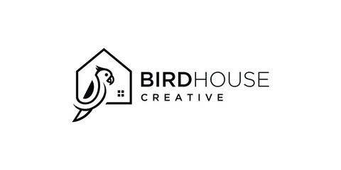 bird house logo design vector. house and bird vector logo icon in line style