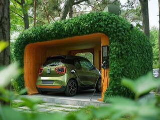 A green car is parked in a garage with a green hedge