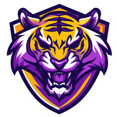 Obraz premium fierce Bengal tiger roaring with its mouth wide open, revealing sharp teeth. The tiger has a purple shield in front of it, with gold lettering