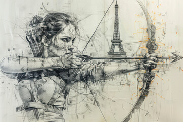 Pencil sketch art of an archery woman by Eiffel Tower Olympics