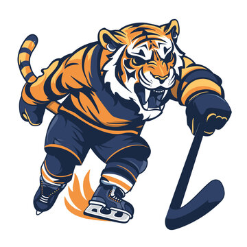 recommend clip art: cartoon tiger wearing a red ice hockey jersey and holding a hockey stick in a determined stance