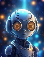 a cute robot with futuristic space background and dark environment, looks innocent at itself