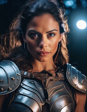 A stunning fantasy female gladiator at night, offering a mysterious and daring gaze directly 
