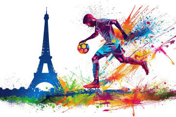 Colorful watercolor painting of soccer player in action by eiffel tower