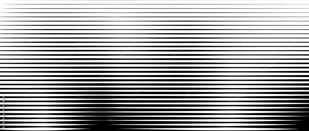 Poster Line halftone gradient texture. Vibrating horizontal gradation background. Repeated stripe pattern backdrop. Black parallel thin to thick stripe moire backdrop for overlay, print, cover. Vector