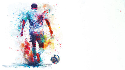 Colorful watercolor painting of soccer man player in action view from back