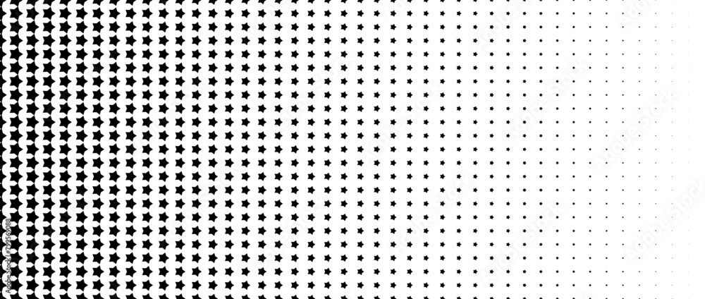 Poster Star halftone gradient texture. Vanishing stars polka dot background. Repeating gradation pattern background. Black fading comic pop art overlay backdrop. Raster effect wallpaper. Vector texture