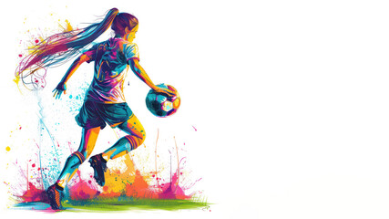 Colorful watercolor painting of soccer woman player and ball view from back