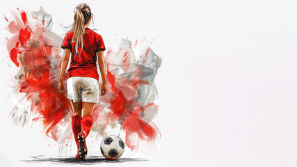 Red watercolor painting of soccer woman player and ball view from back