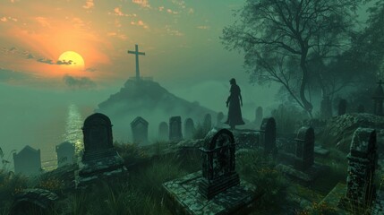 As the sun sets over the mystical realm a lone immortal wanders through a graveyard filled with tombstones of past adventurers who . . - obrazy, fototapety, plakaty