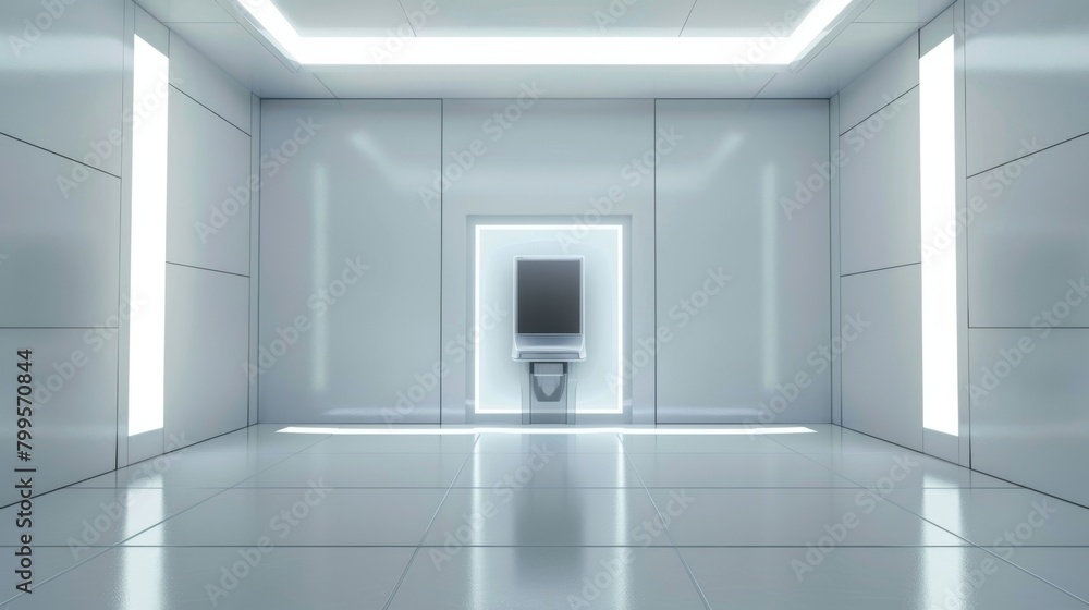 Poster a blank white room with nothing but a small portable holographic display in the center..