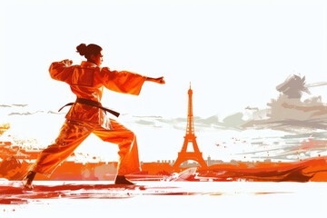 Orange watercolor paint of judo athlete in action by eiffel tower