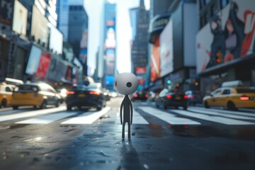 Fototapeta premium Extraterrestrial Encounter: A Cartoonish Alien Strolling through the Bustling City Streets