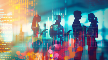 A group of people are silhouetted against a colorful background with a few lines