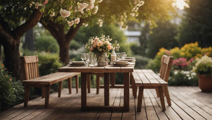 Obraz premium garden atmosphere with wooden tables