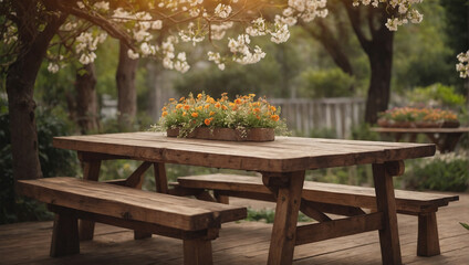garden atmosphere with wooden tables