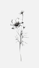 a black and white realistic black ink sketch drawing of a minimalist, small flower composition centered in the middle of the image, solid white background, clean minimalistic aesthetics