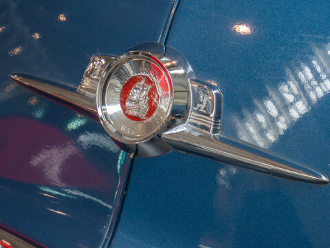 Classic Blue Plymouth Cambridge 4-Door Sedan Car Hood Ornament Close-Up (1952)