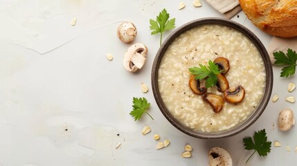 Corn mushroom porridge for breakfast restaurant or home copy space isolated