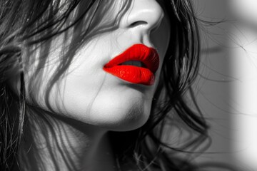 Obraz premium Black and White Portrait of a Woman's Face with a Color Pop Accent - Emotional Depth, Contemporary Art, Beauty and Fashion