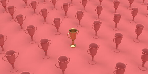 Golden trophy among many plain trophies, red background