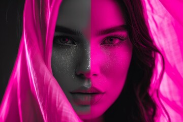 Black and White Portrait of a Woman's Face with a Color Pop Accent - Emotional Depth, Contemporary Art, Beauty and Fashion - obrazy, fototapety, plakaty