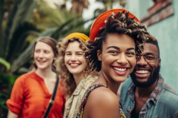 Portrait of a group of smiling young people standing in the park.