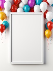 Colorful balloons surrounding a blank vertical white canvas, creating a festive and celebratory frame.