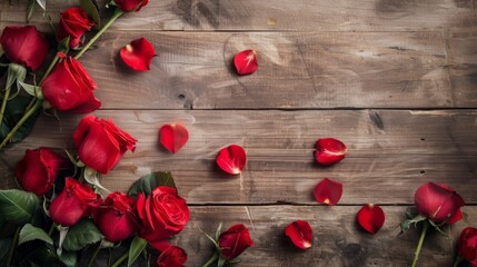 A bunch of red roses on a wooden table