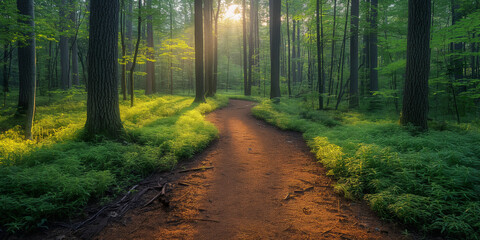 Sunrise Light Rays Through Forest Path
