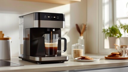 Modern coffee machine brewing fresh coffee in a bright kitchen, with cookies on the side. Created with Generative AI