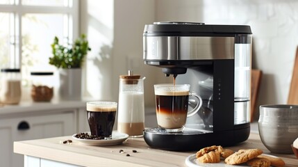 A modern coffee machine brewing fresh coffee with cups, beans, and cookies on a kitchen counter. Created with Generative AI